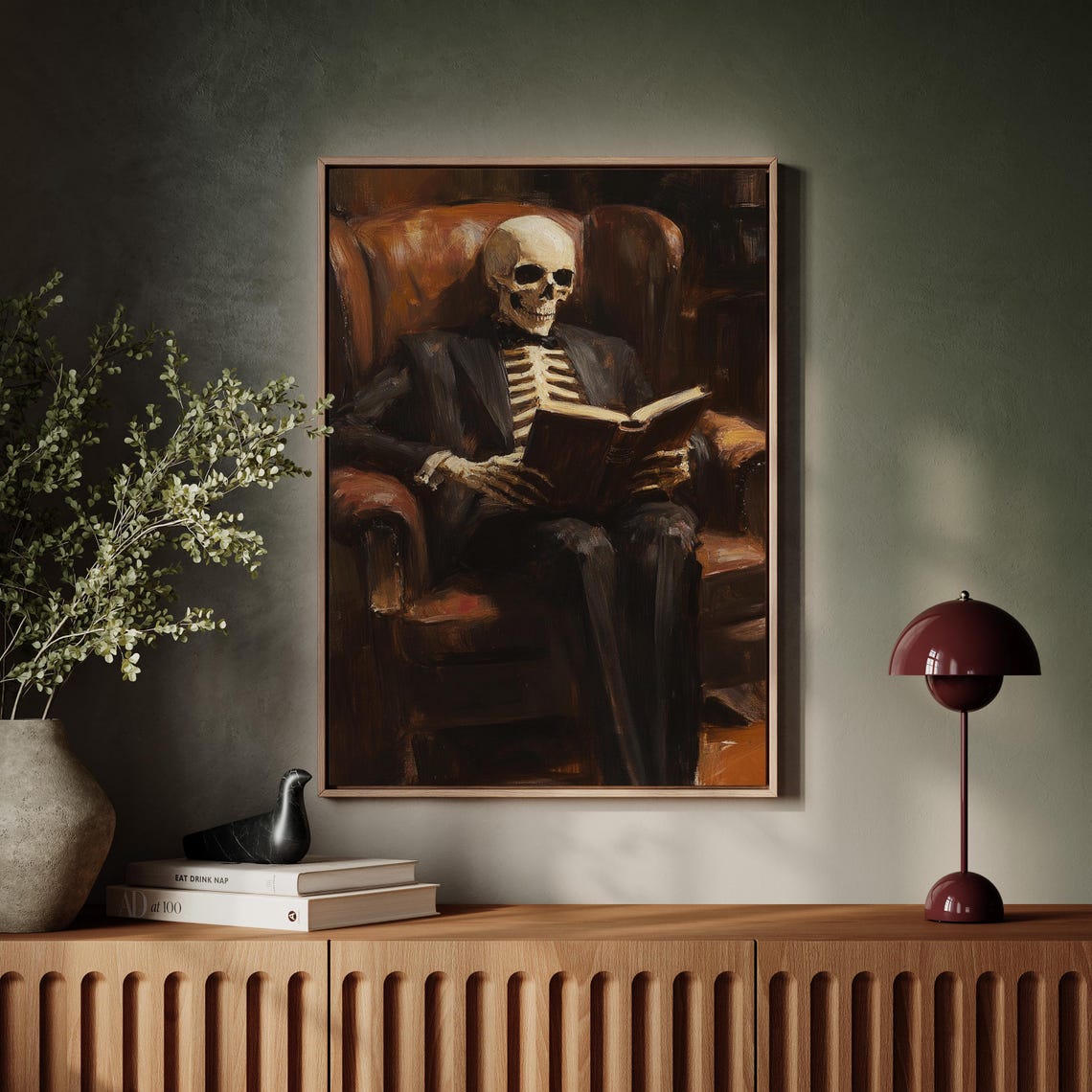 Skeleton Gentleman Reading a Book in a Leather Armchair Art Poster - Image 5