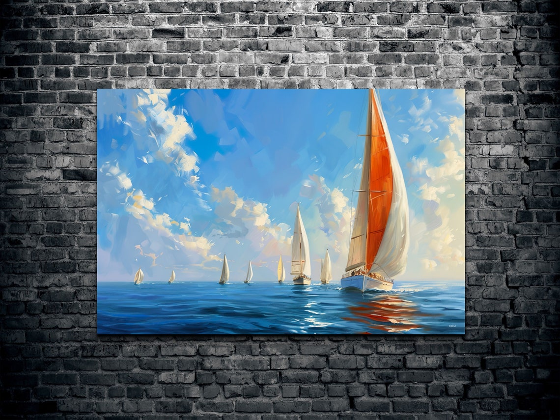 Sailboats With Orange Sails Blue Ocean Impressionist Art Poster - Image 2