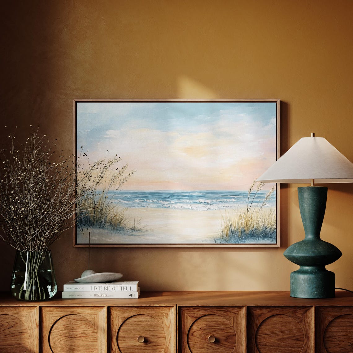 Coastal Sunrise Beach Sea Grass Waves Soft Morning Ocean Art Poster