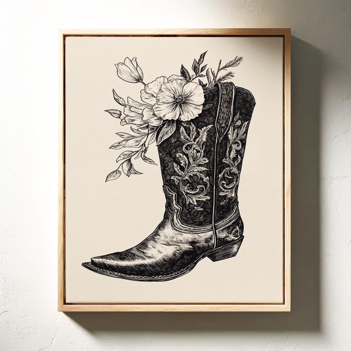 Cowboy Boot With Wildflowers Black Ink Sketch Vintage Western Poster