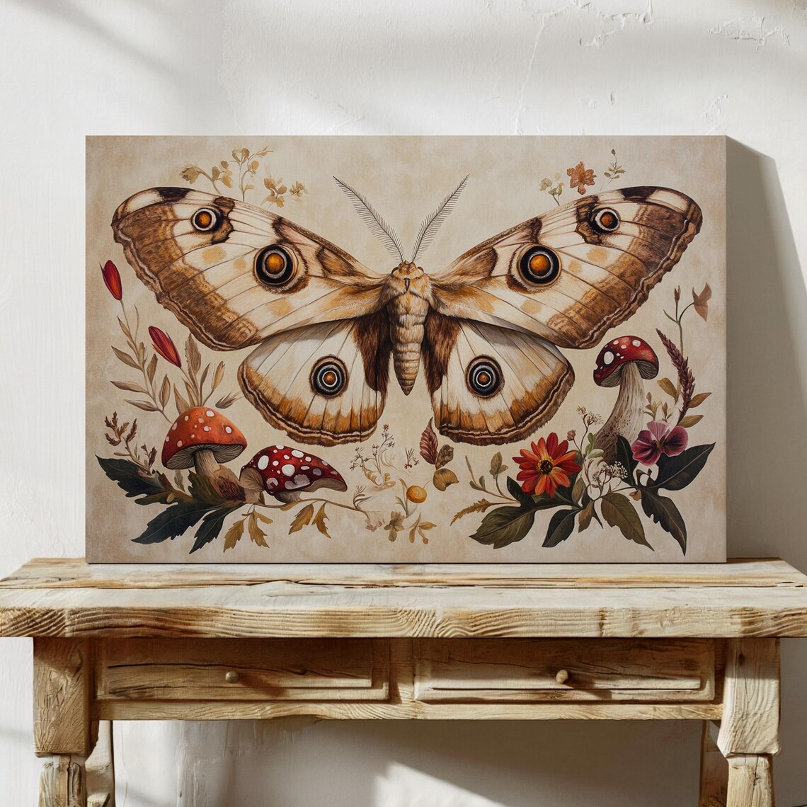 Vintage Botanical Moth With Mushrooms Wildflowers Cream Wall Art - Image 2