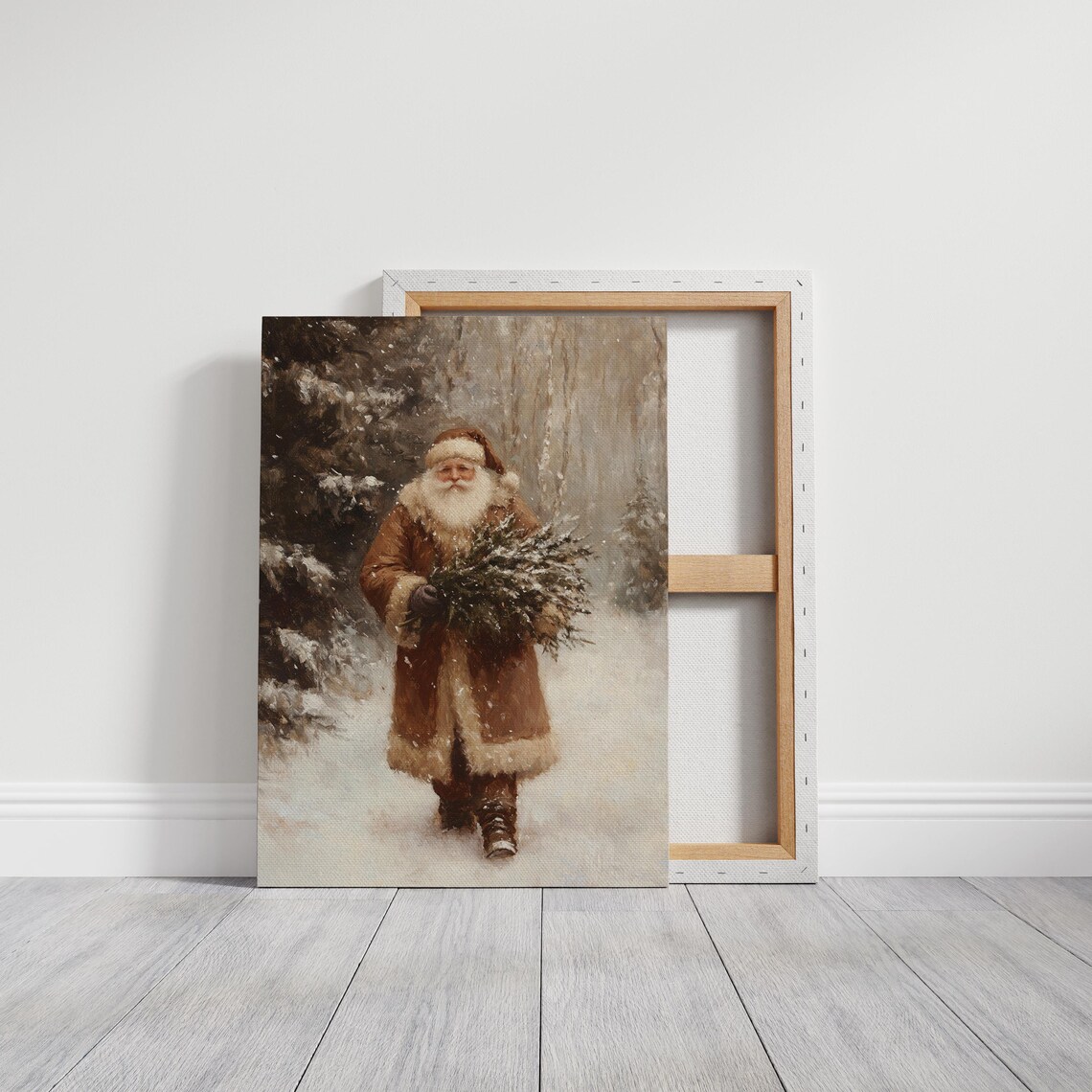 Vintage Santa Brown Fur Coat Snowy Woods Christmas Eve Poster - Image 5