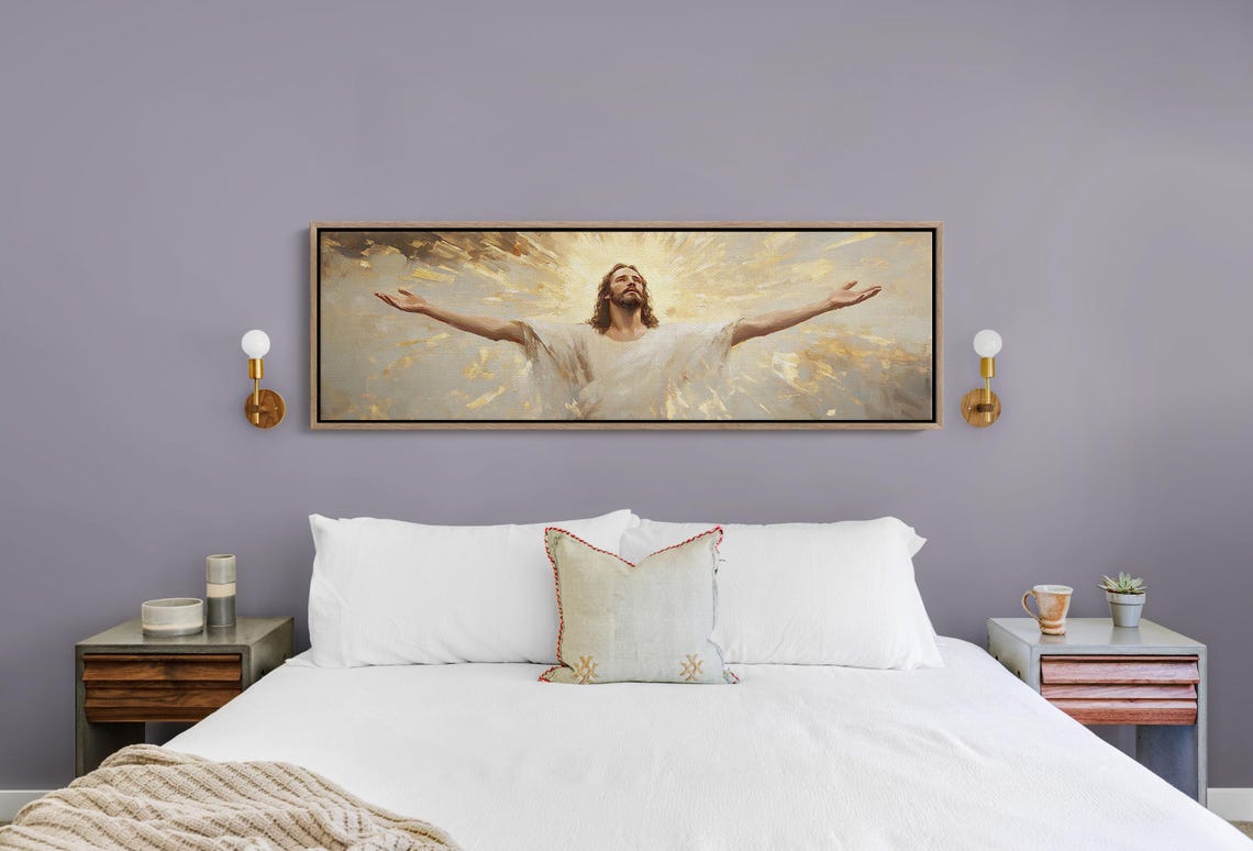 Jesus Christ Open Arms Glowing Golden Light Christian Faith Poster