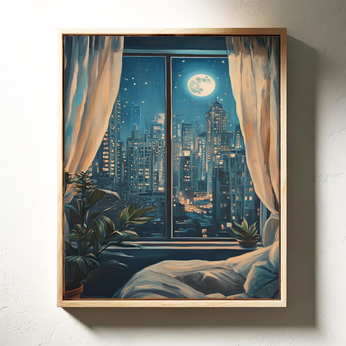 Moonlit City Skyline Night Window View Cozy Bedroom Decor Poster - Image 6