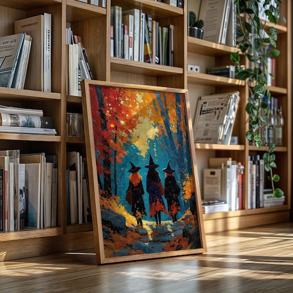 Three Witches Walking Through Colorful Autumn Forest Trail Poster