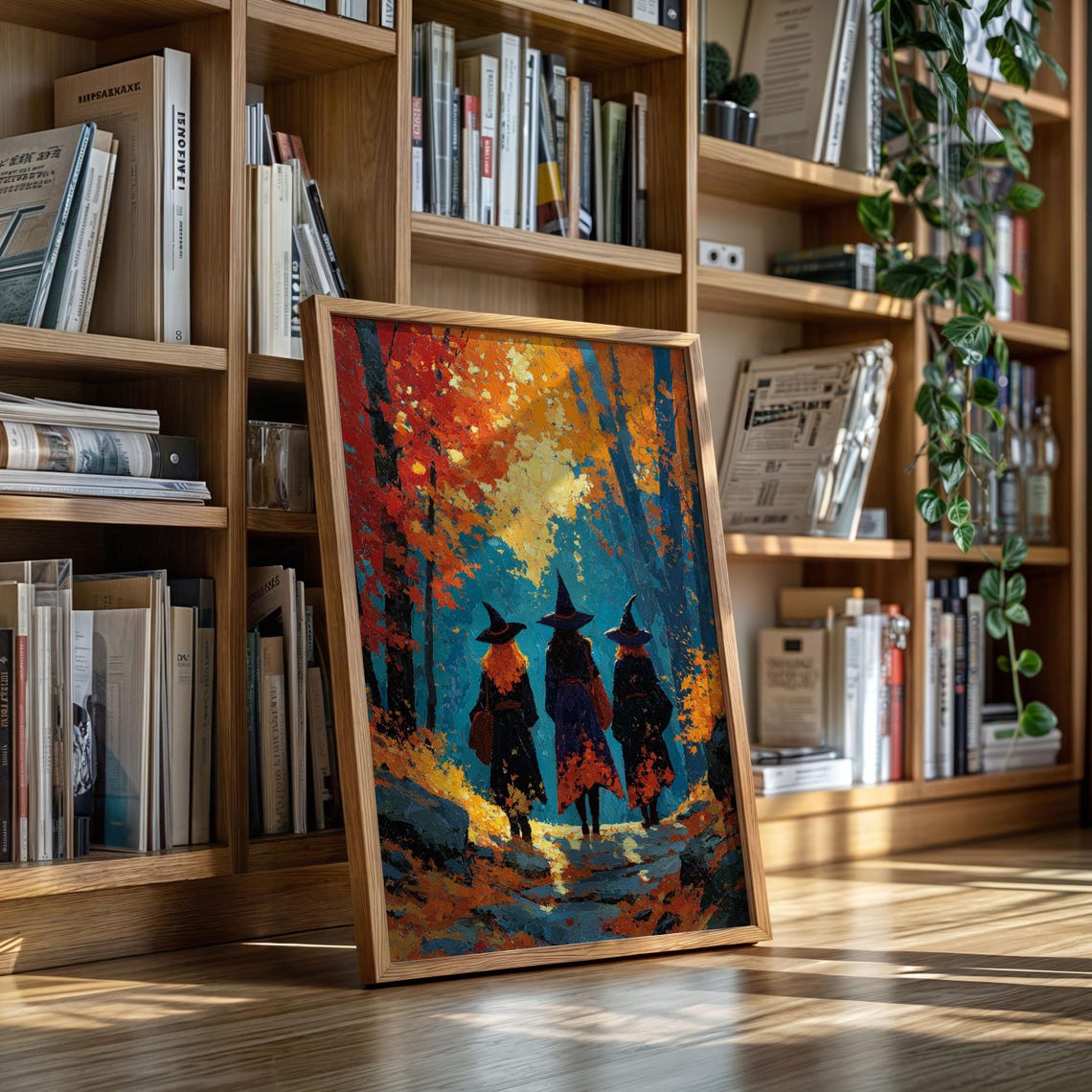Three Witches Walking Through Colorful Autumn Forest Trail Poster