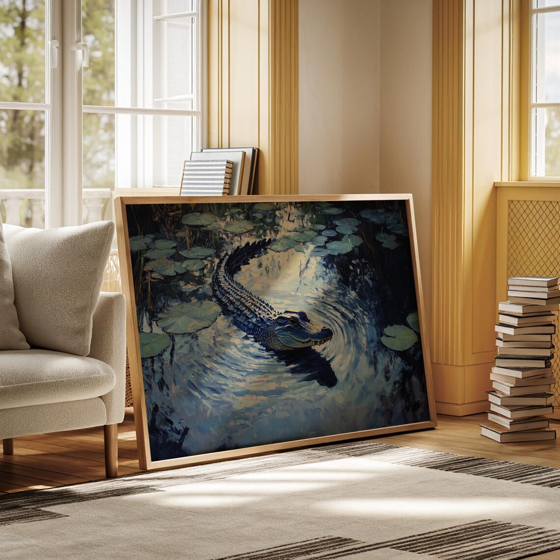 Close Up Alligator in Moonlit Lily Pond Swamp Wildlife Poster - Image 4