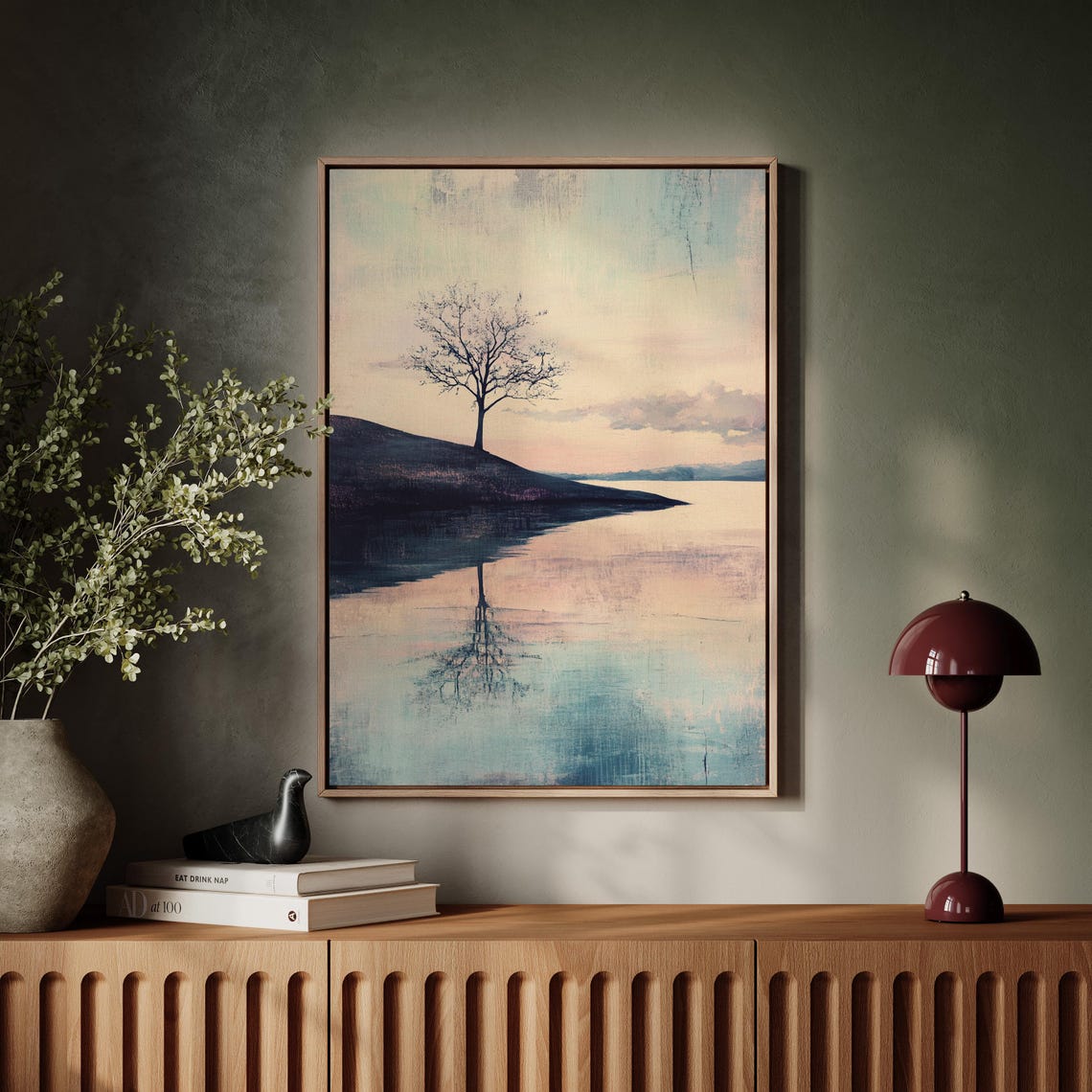 Lone Tree Lake Reflection Pastel Pink Sunset Serene Wall Poster - Image 4