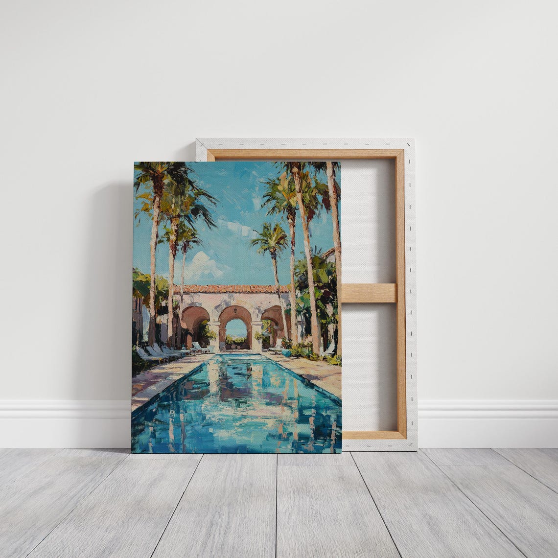 Elegant Mediterranean Pool Serene Villa Retreat With Palm Trees Archways And Bright Blue Sky For Luxe Tropical Wall Art - Image 3