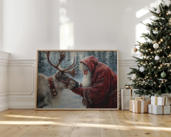 Santa And Reindeer Christmas Art Print, Vintage