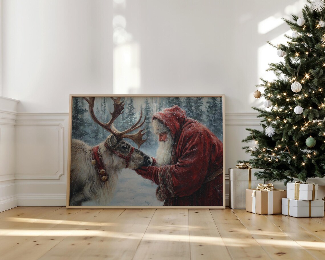 Santa And Reindeer Christmas Art Print, Vintage