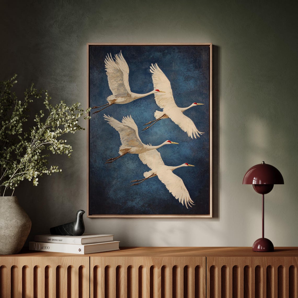 Four Flying White Cranes On Deep Navy Vintage Bird Art Poster - Image 4
