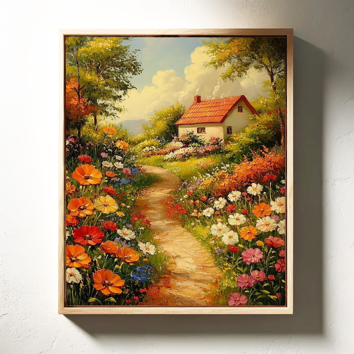 Floral Cottage Path Vibrant Oil Painting Of Blooming Wildflowers And Cozy Countryside Home Nature Inspired Wall Art - Image 6