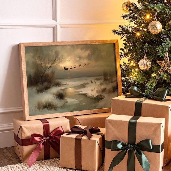 Santa Sleigh Flying Over Frozen Lake Wall Art Christmas Eve Scene