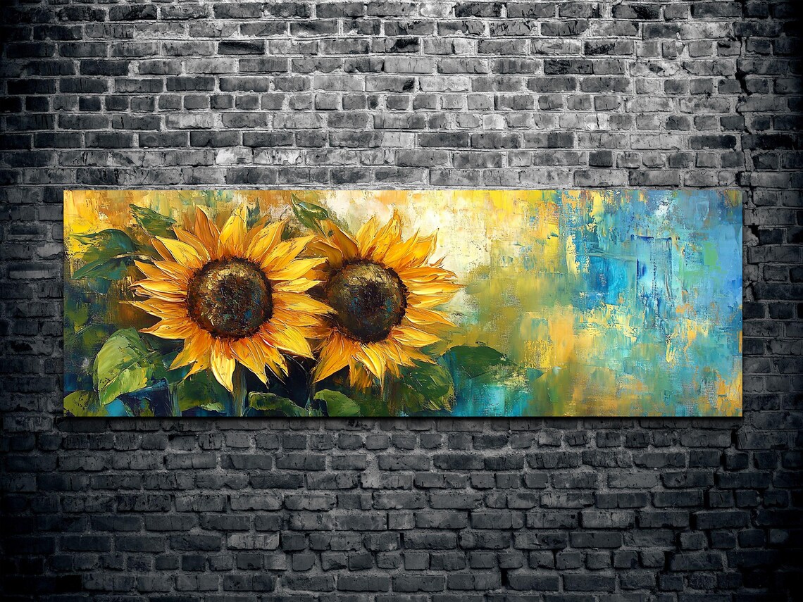 Bold Sunflower Duo Golden Impasto Palette Knife Panoramic Art Poster - Image 2