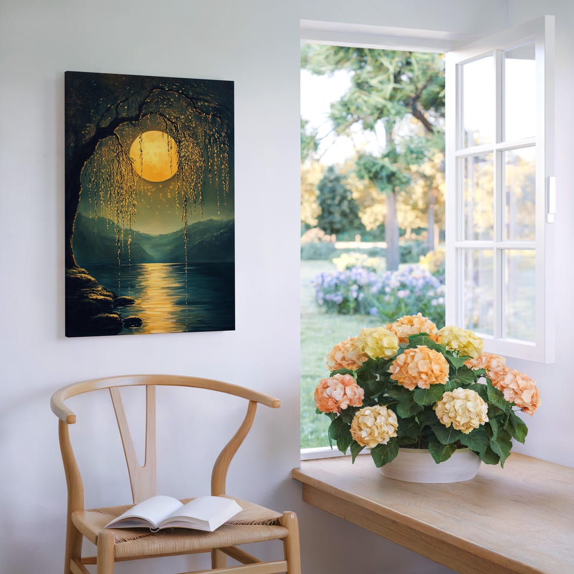 Golden Full Moon Behind Willow Tree Over Quiet Lake Night Poster - Image 6