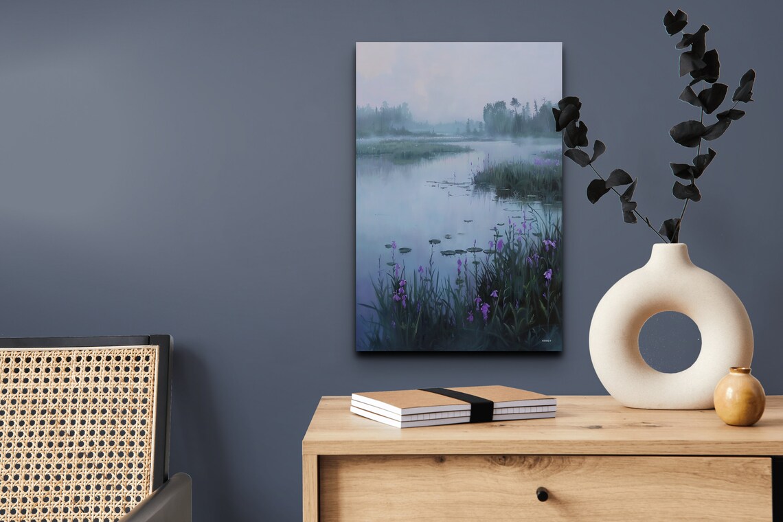 Purple Iris Blooms Beside Foggy Still Lake Floral Art Poster - Image 6