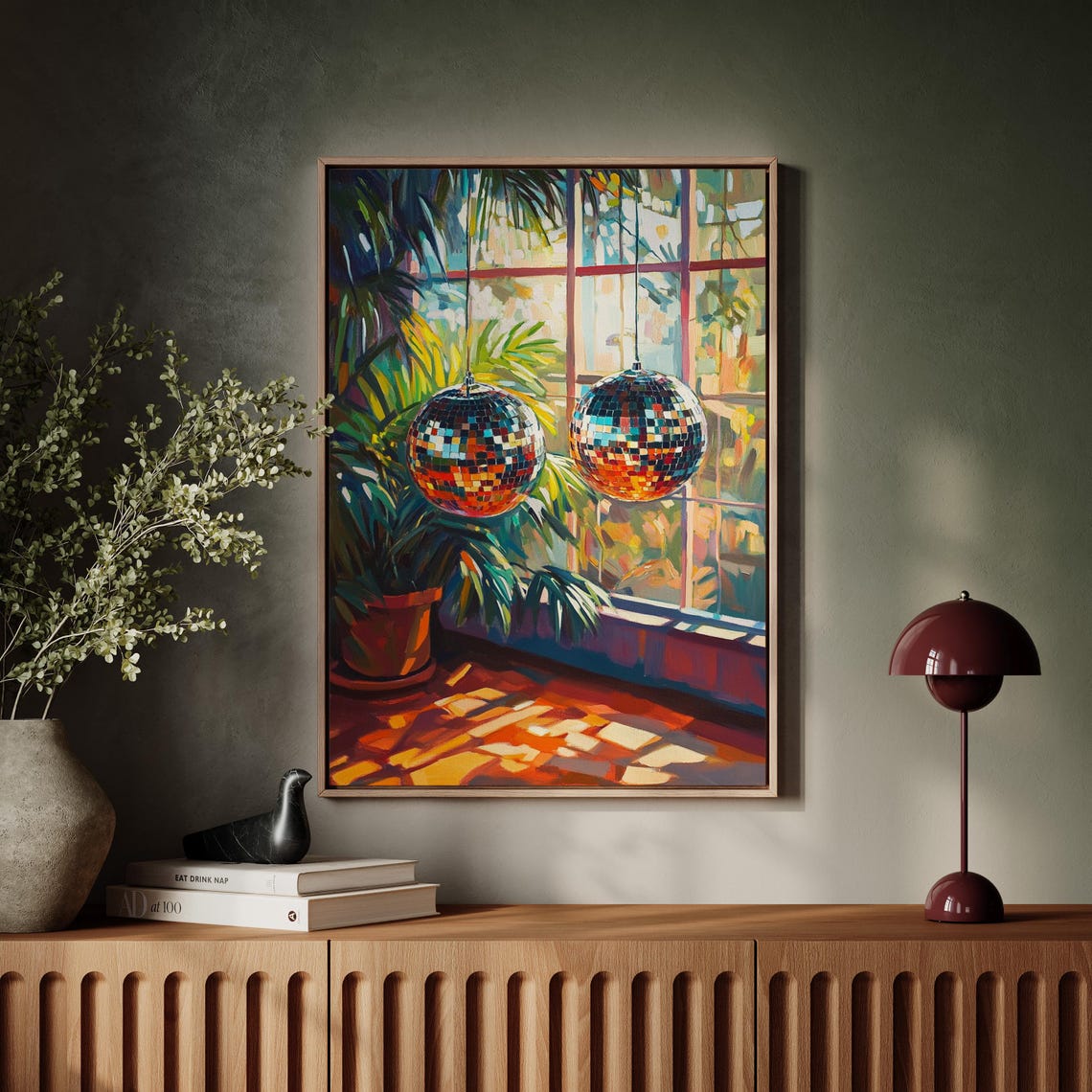 Retro Disco Ball Pair Sunlit Window Plants Vibrant Party Poster