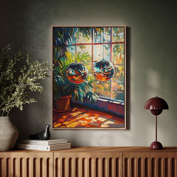 Retro Disco Ball Art Vibrant Sunlit Scene With Hanging Disco Balls Tropical Plants And Warm Sunset Tones Funky Wall Decor