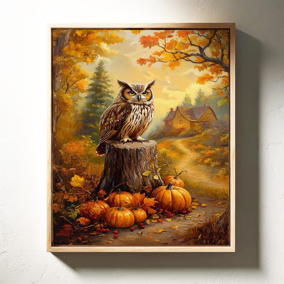 Autumn Owl on a Tree Stump Fall Pumpkin Forest Cabin Scenic Poster - Image 7