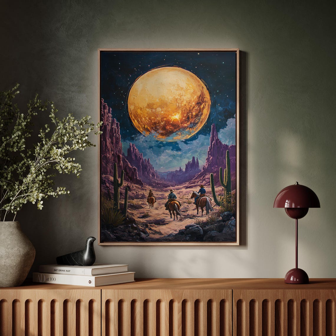 Three Cowboys Riding Through Moonlit Purple Canyon Nightscape Poster - Image 5