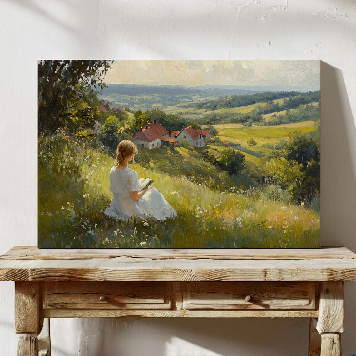 Cottagecore Girl Reading, Peaceful Field Landscape