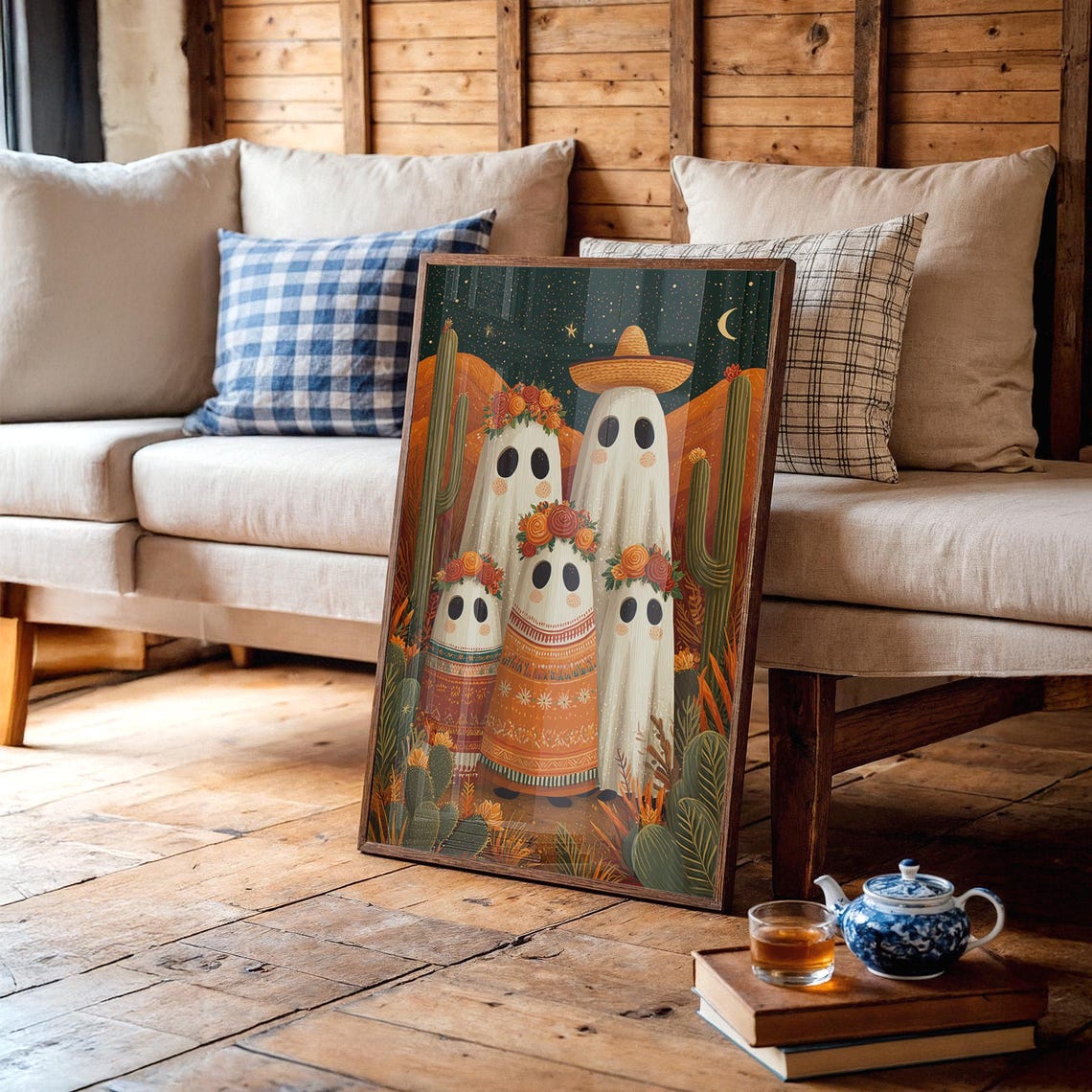 Cute Ghost Family Desert Night With Cactus Halloween Folklore Poster
