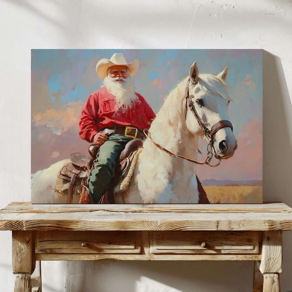 Cowboy Santa On White Horse Vintage Christmas Western Art Poster