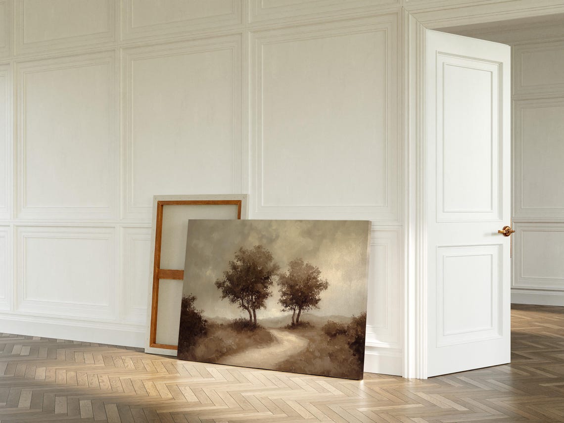 Two Trees Beside a Misty Winding Path Muted Landscape Poster - Image 3