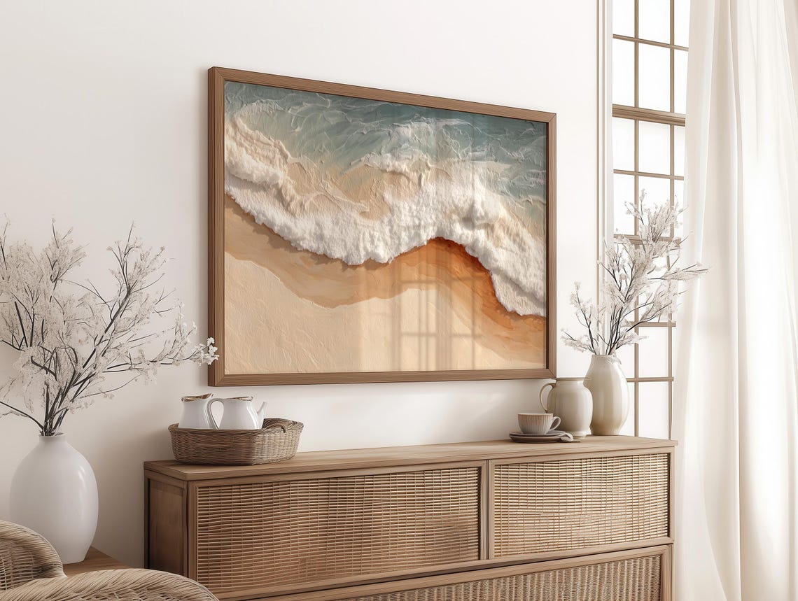 Aerial Ocean Waves Sandy Shore Beach Coast Neutral Art Poster