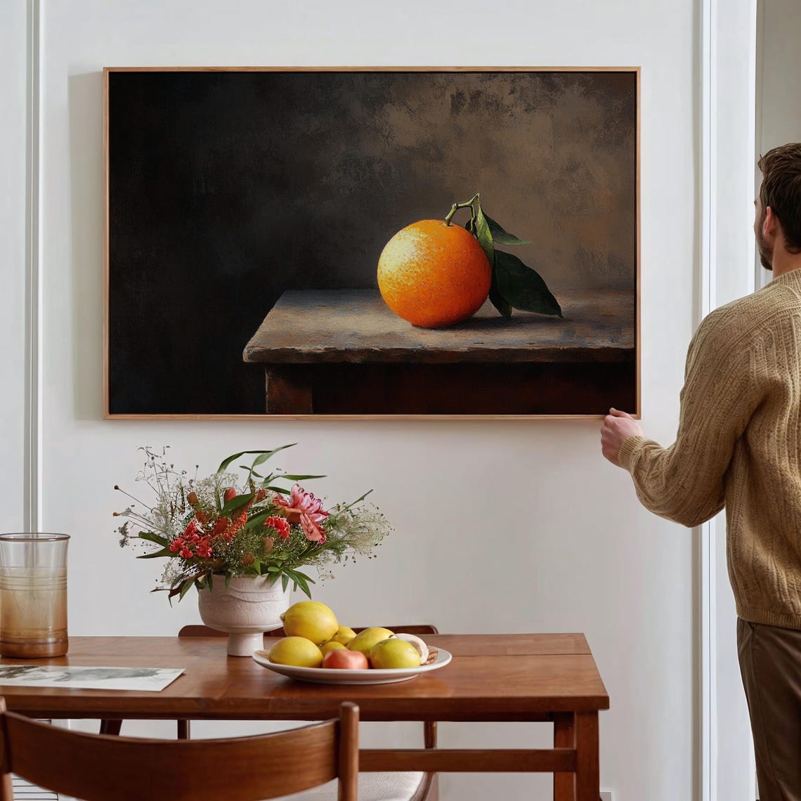 Single Orange on Rustic Wooden Table Chiaroscuro Still Life Poster - Image 3