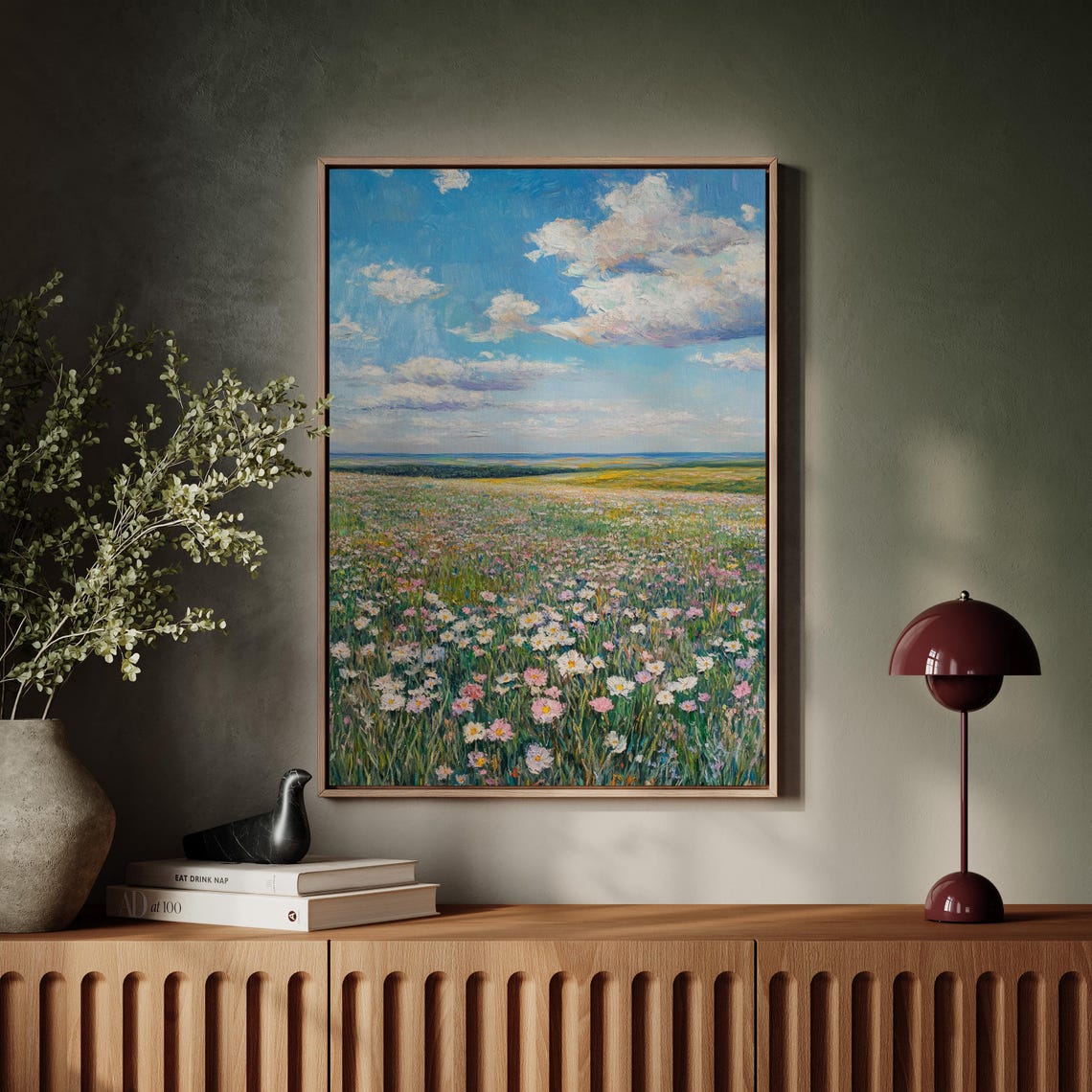 Wildflower Meadow Stretching To Horizon Under Big Cloudy Sky Poster