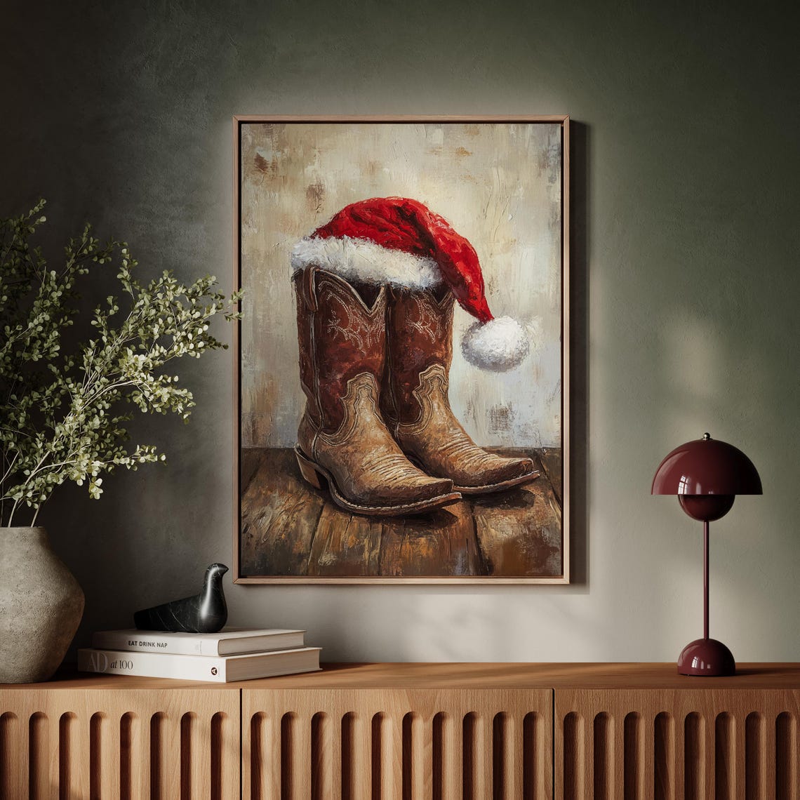 Rustic Cowboy Boots with Santa Hat Christmas Western Painting Poster - Image 5