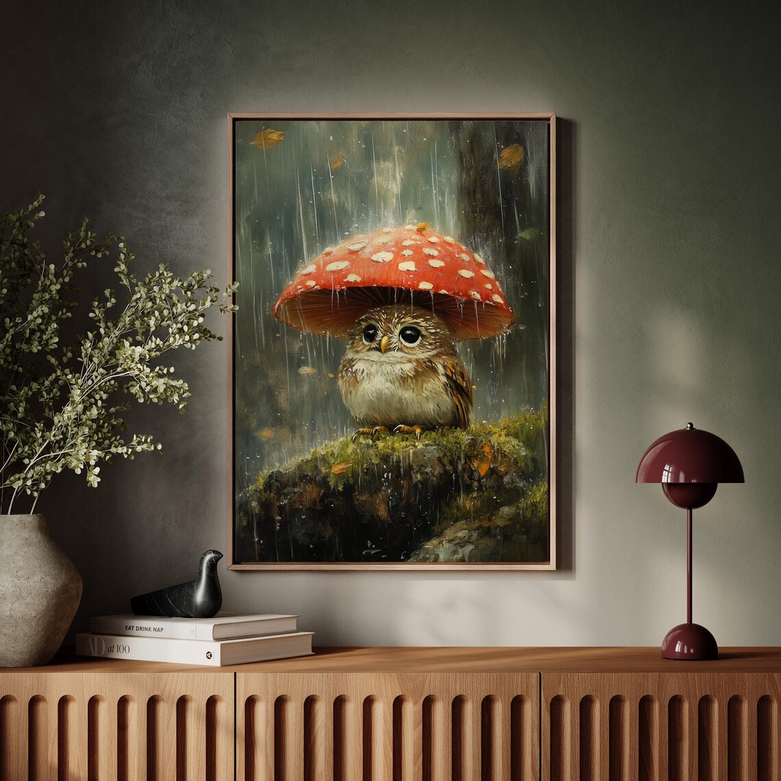Adorable Owl Under Mushroom Art Print, Woodland Scene - Image 7