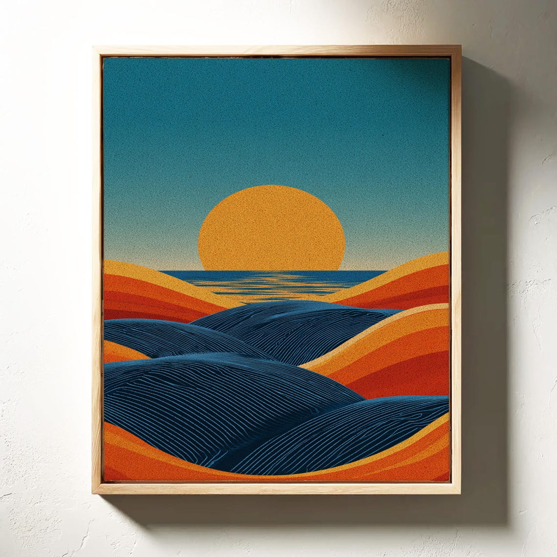 Retro Sunset Waves Orange Sun Teal Sky Abstract Landscape Poster