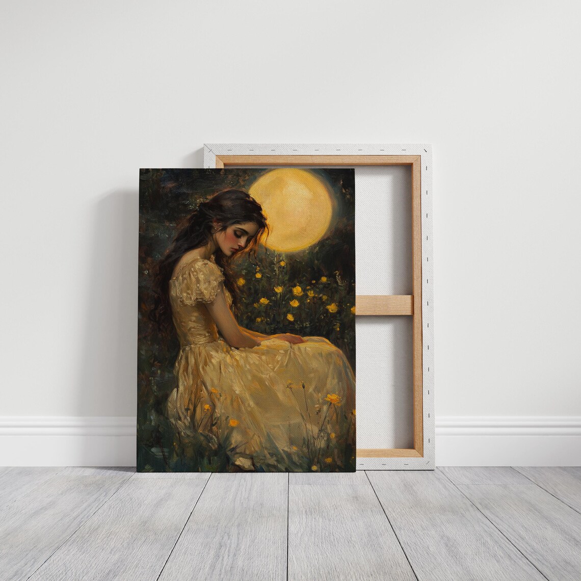 Elegant Woman Cream Gown Moonlit Meadow Yellow Flowers Poster - Image 3