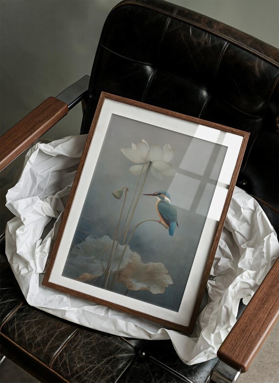 Kingfisher And Flower Canvas Art Elegant Asian Wall Decor Minimalist Nature Painting For Zen Room Serene Bird Artwork