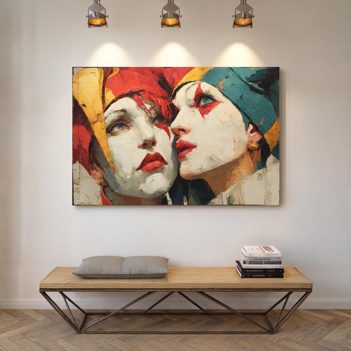 Harlequin Duo Close Up Bold Red Teal Abstract Clown Portrait Faces Wall Art