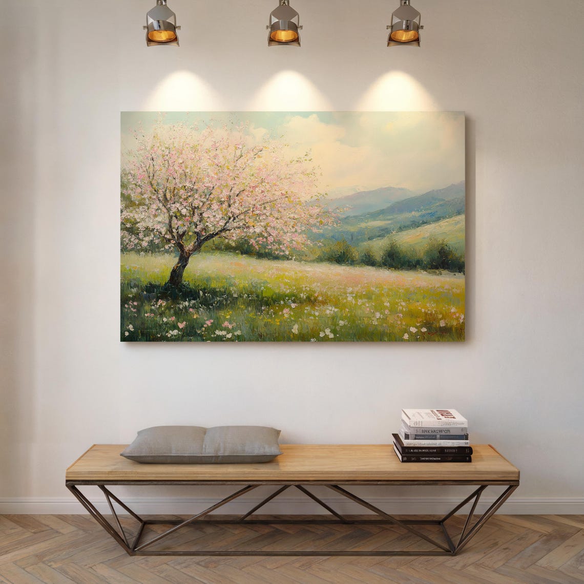 Beautiful Blooming Tree Landscape Wall Art Wall Art Featuring Vibrant Fields And Scenic Mountain Views For Hangable Decor - Image 7