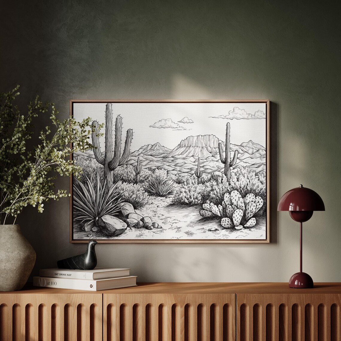 Monochrome Desert Cactus Ink Sketch Southwest Landscape Wall Poster - Image 4