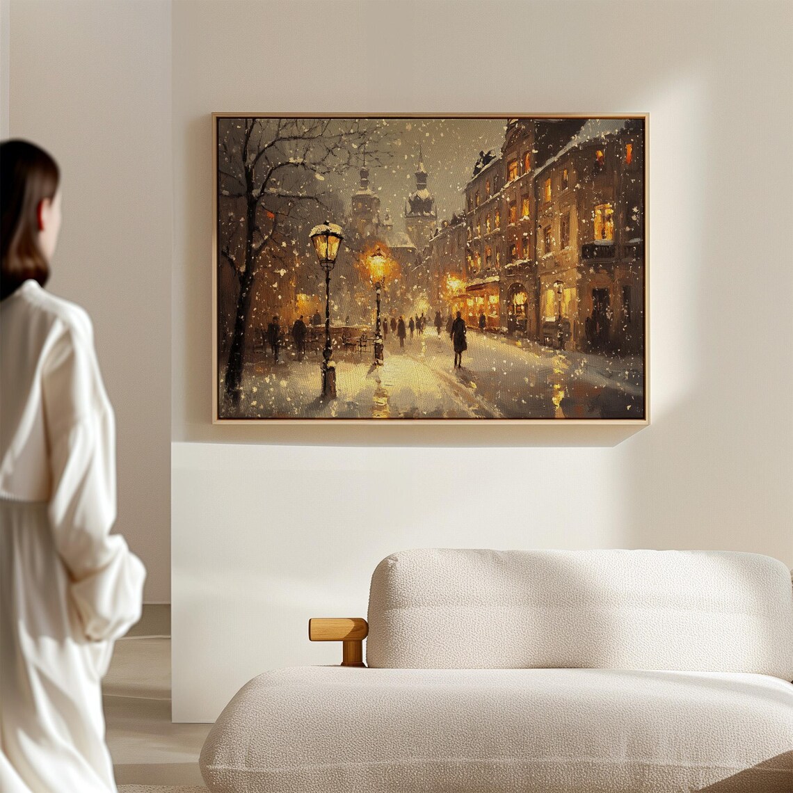 Snowy Evening City Street Lamps Old Town Winter Night Poster - Image 6