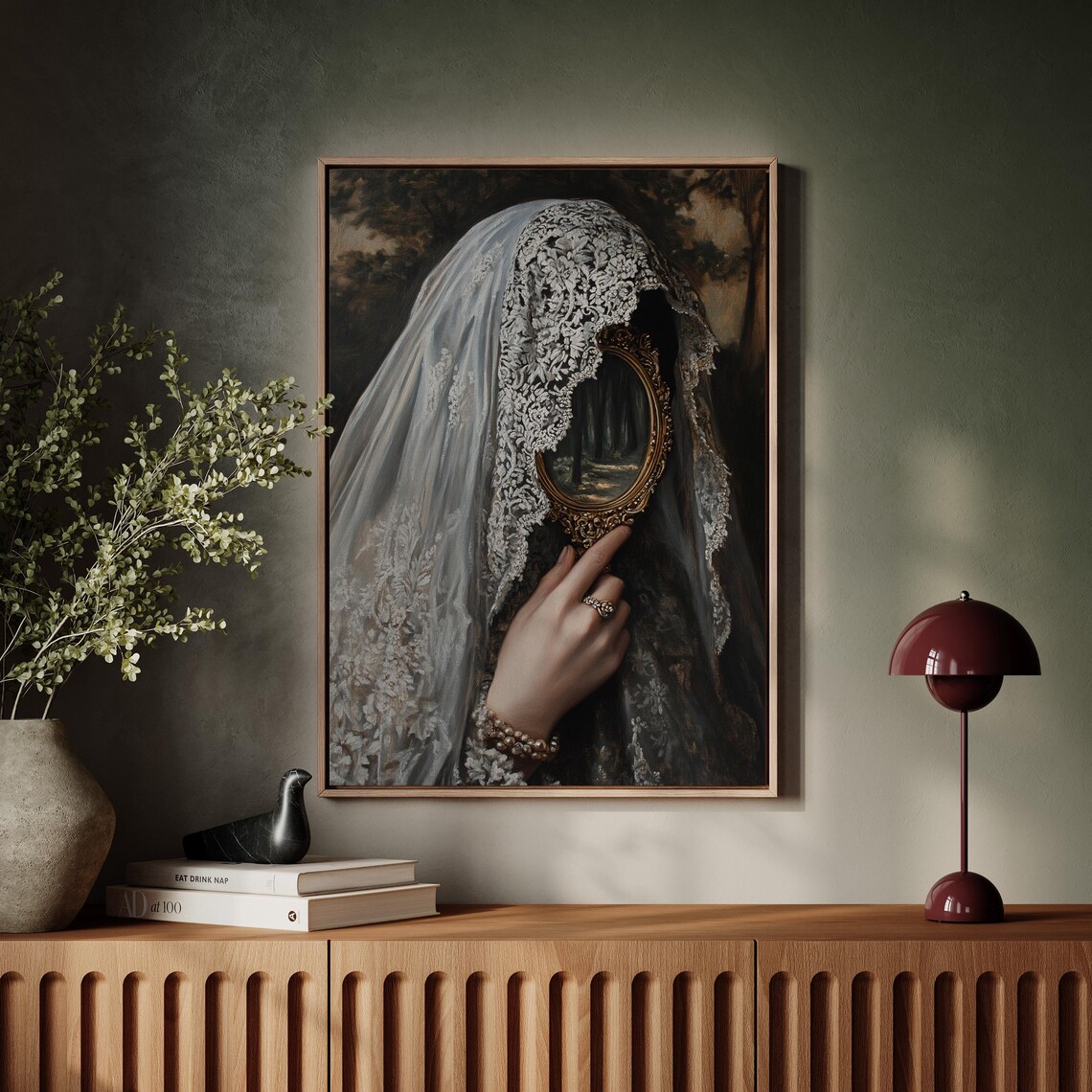Veiled Figure With Ornate Mirror, Gothic Art Print