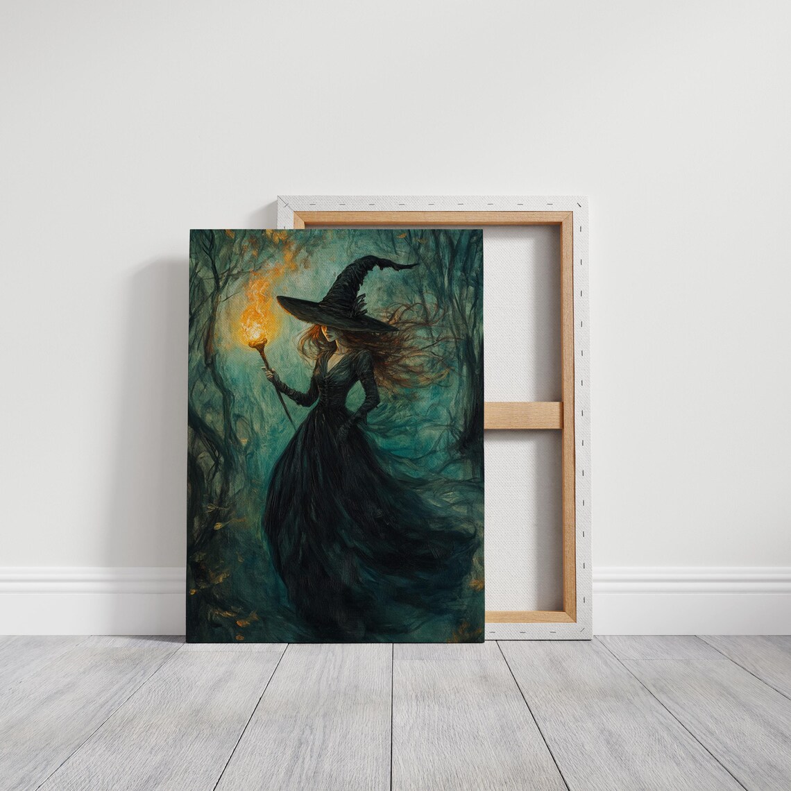 Mystical Witch Holding a Flaming Torch in a Dark Enchanted Forest Poster - Image 3