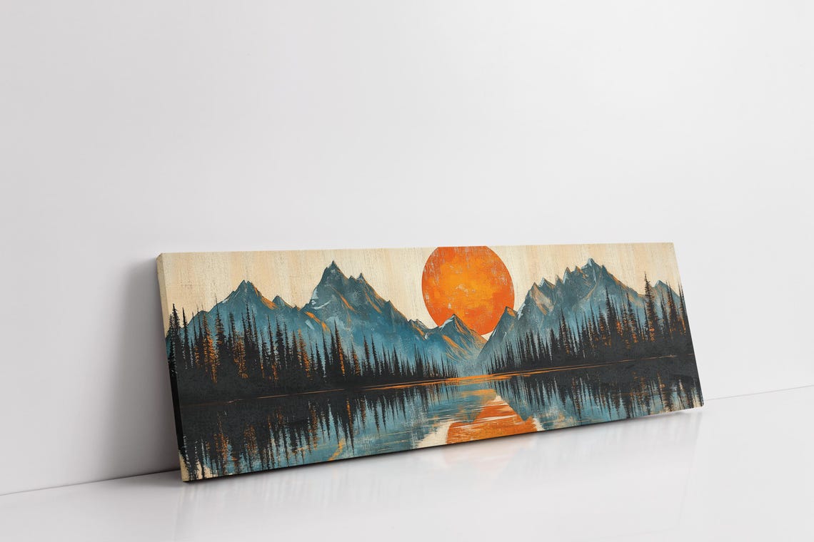 Retro Orange Sun Mountain Valley Lake Reflection Vintage Style Poster - Image 7