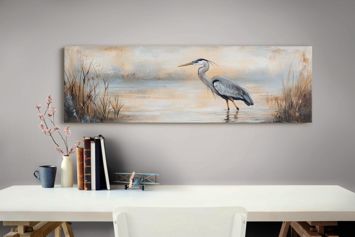 Blue Heron Marsh Panoramic Rustic Lake Bird Painting Nature Print - Image 3