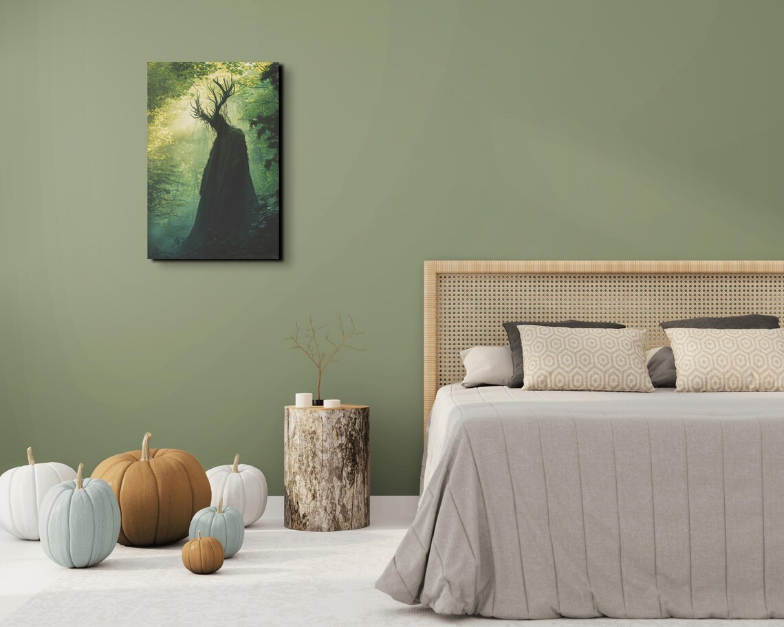 Antlered Cloaked Woodland Figure Standing In A Misty Green Forest Poster - Image 6