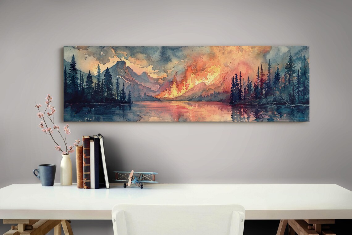 Panoramic Watercolor Forest Fire Art Print - Image 3