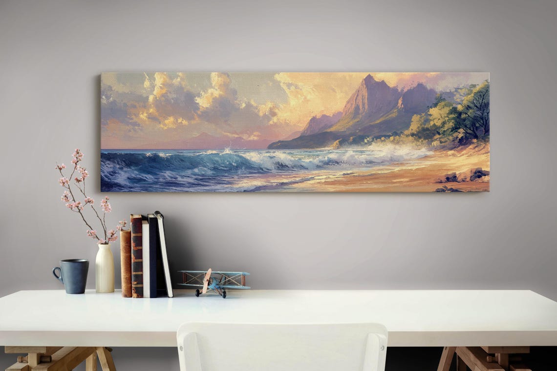 Ocean Sunset Waves With Mountain Beach Pastel Coastal Panorama Poster - Image 3