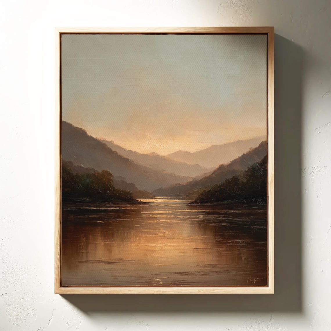 Golden Sunset Over Mountain River Oil Painting Landscape Poster