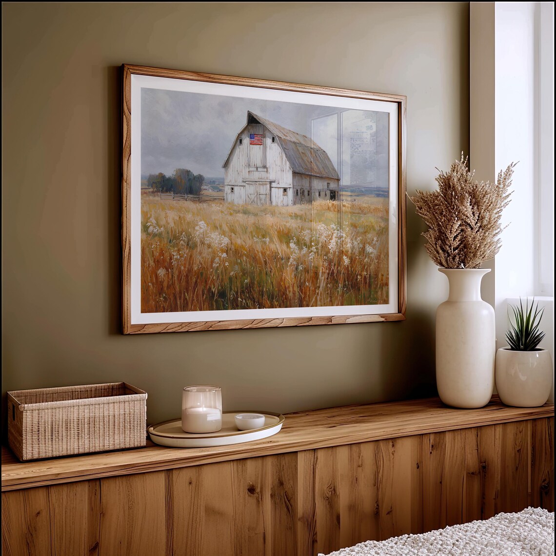 White Barn With American Flag In Golden Wheat Field Rustic Farm Art Poster